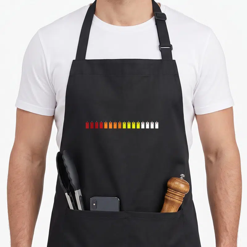 Tablier de cuisine noir avec motif graphique de touches de synthétiseur numérotées de 1 à 16 dans des couleurs dégradées.
