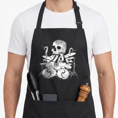 Tablier de cuisine noir avec illustration d'un crâne poulpe kraken jouant d'une batterie.