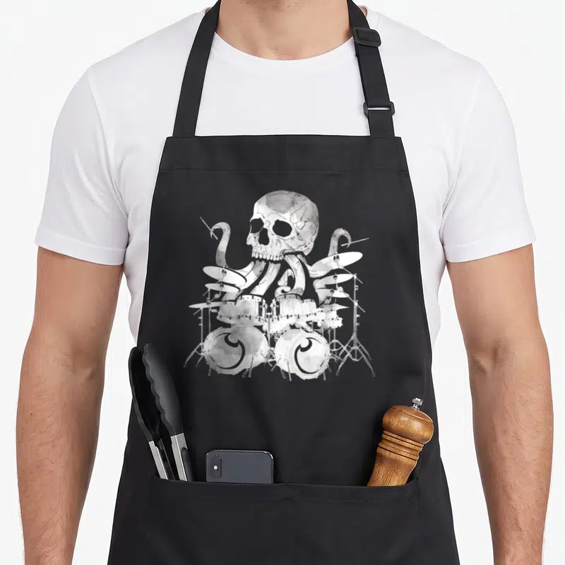 Tablier de cuisine noir avec illustration d'un crâne poulpe kraken jouant d'une batterie.