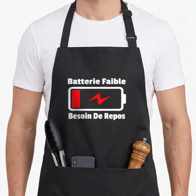 Tablier de cuisine noir avec icône batterie rouge et texte Batterie Faible Besoin De Repos imprimé au centre.