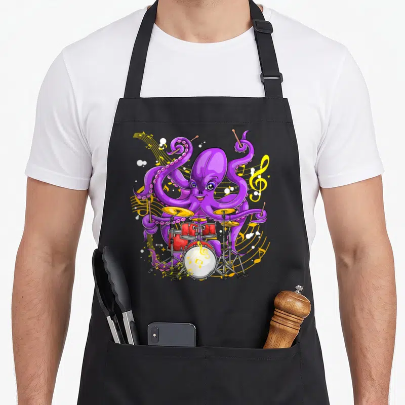 Tablier de cuisine noir avec un poulpe violet batteur jouant d'un set de batterie rouge et jaune.