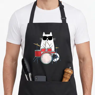 Tablier de cuisine noir avec illustration d'un chat blanc en lunettes noires jouant d'une batterie rouge vif.