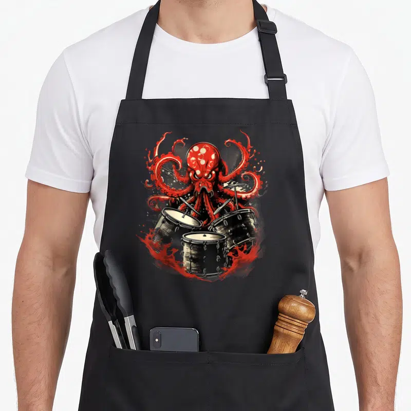 Tablier de cuisine noir avec illustration d'un poulpe rouge jouant des tambours et cymbales.