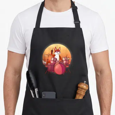 Tablier de cuisine noir avec illustration d'un fox batteur percussionniste rock and roll devant un set de drums rose et orange.