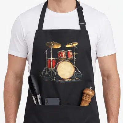 Tablier de cuisine noir avec illustration détaillée d'un set de batterie rouge et cymbales dorées posé sur fond uni.
