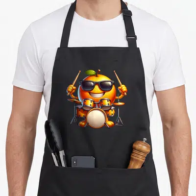 Tablier de cuisine noir avec une orange animée portant des lunettes et tenant des baguettes de batterie.