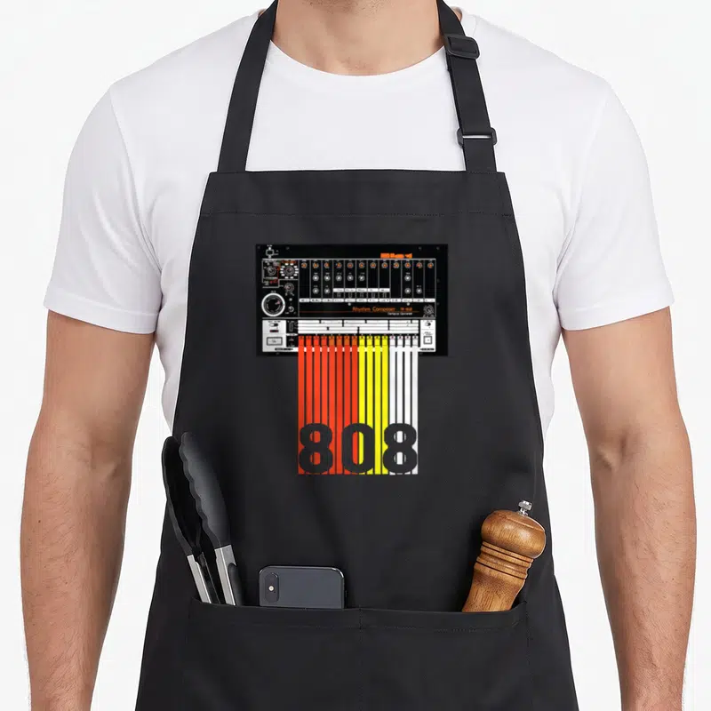 Tablier de cuisine noir avec illustration machine à rythmes 808 Rhythm Composer et chiffres colorés