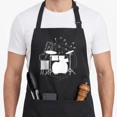 Tablier de cuisine noir avec silhouette blanche batterie cymbales et notes de musique volantes.