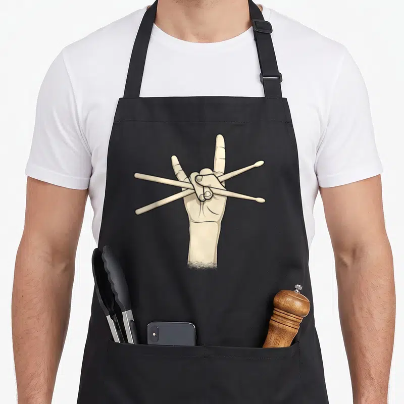 Tablier de cuisine noir avec une main dessinant le signe du rock tenant trois baguettes de batterie croisées.