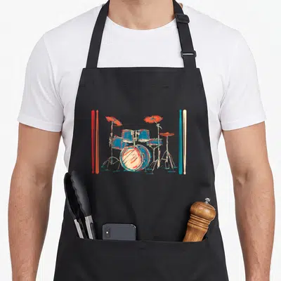 Tablier de cuisine noir avec illustration colorée d'une batterie et baguettes de chaque côté.