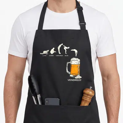 Tablier de cuisine noir avec évolution schématique des jours de la semaine menant à une grande coupe de bière orange.