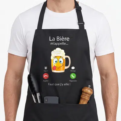 Tablier de cuisine noir avec illustration d'un verre de bière souriant et boutons d'appel téléphonique.