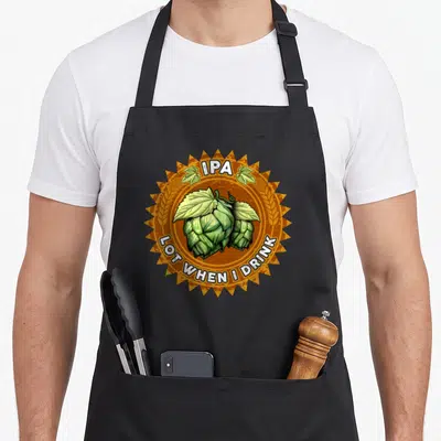 Tablier de cuisine noir avec logo circulaire orange illustrant des houblons verts et le texte Lot When I Drink IPA en blanc.