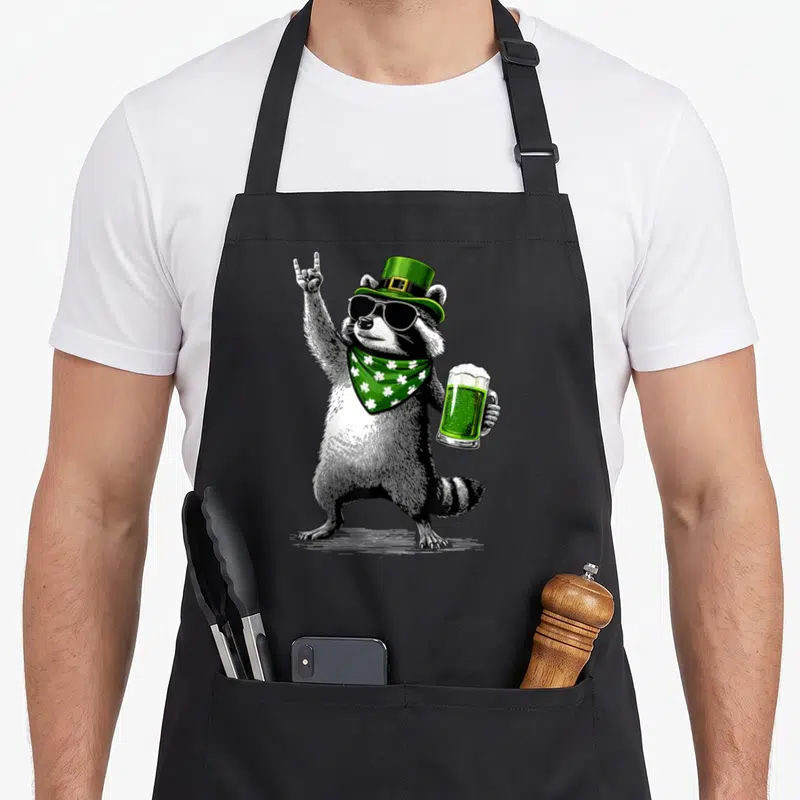 Tablier de cuisine noir avec illustration d'un raton laveur en chapeau vert tenant une bière.