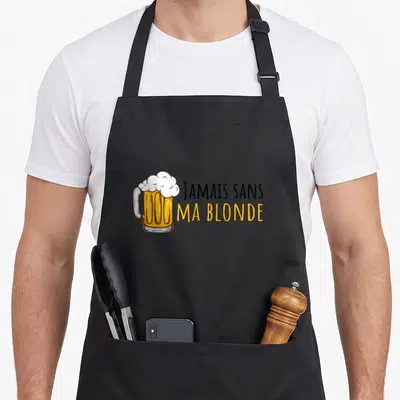 Tablier de cuisine noir avec illustration de mug de bière blonde et texte Jamais sans Ma Blonde