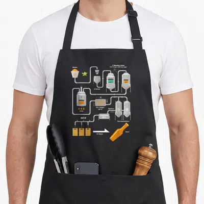 Tablier de cuisine noir avec un diagramme technique illustrant les étapes du brassage artisanal de la bière jusqu'à la bouteille finale.