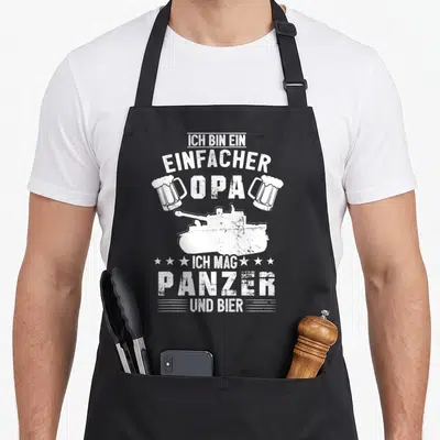 Tablier de cuisine noir avec un char blindé blanc, deux verres de bière et le texte Ich bin ein einfacher Opa.