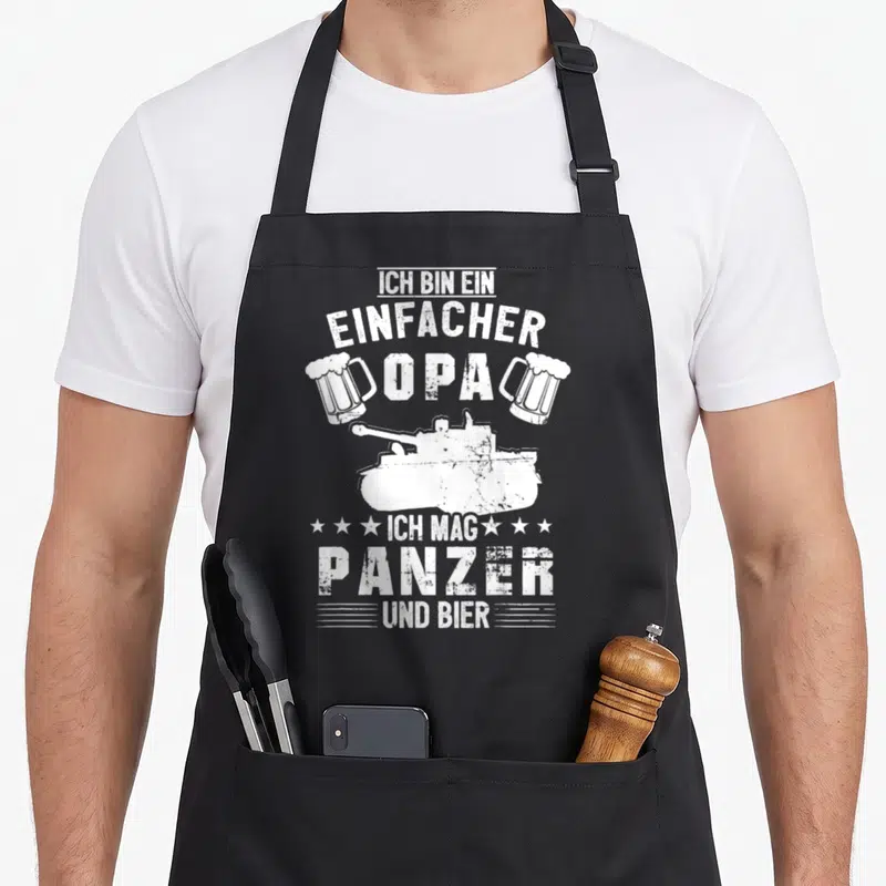 Tablier de cuisine noir avec un char blindé blanc, deux verres de bière et le texte Ich bin ein einfacher Opa.