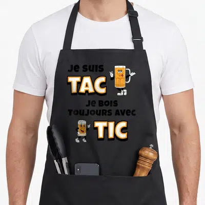 Tablier de cuisine noir avec l'inscription Je suis Tac je bois toujours avec Tic et deux verres de bière animés.