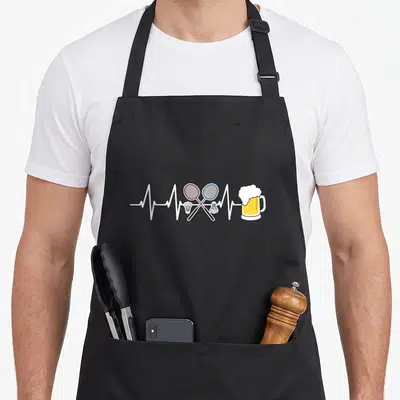 Tablier de cuisine noir avec un rythme cardiaque intégrant des raquettes de badminton croisées et une carafe de bière mousseuse.