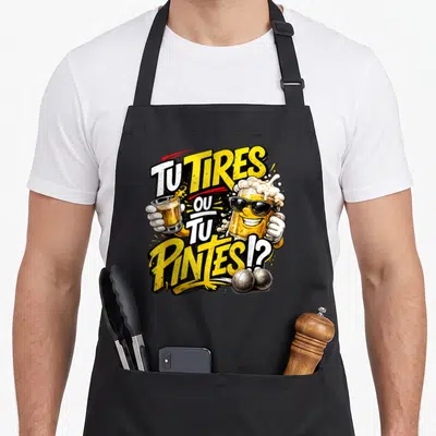 Tablier de cuisine noir avec illustration d'un verre de bière aux lunettes de soleil tenant une petite bière et deux boules de pétanque.