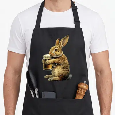 Tablier de cuisine noir avec illustration d'un lapin brown tenant une grande coupe de bière blonde à la mousse blanche.