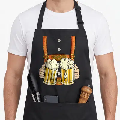 Tablier de cuisine noir avec illustration de deux verres de bière à trinquer sous des bretelles en cuir marron ornées.