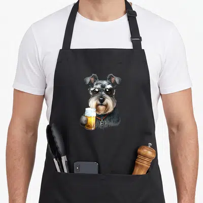 Tablier de cuisine noir avec illustration d'un Schnauzer miniature en lunettes de soleil tenant une bière.