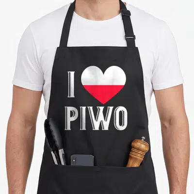 Tablier de cuisine noir avec le texte I PIWO et un cœur bicolore blanc et rouge représentant la Pologne.