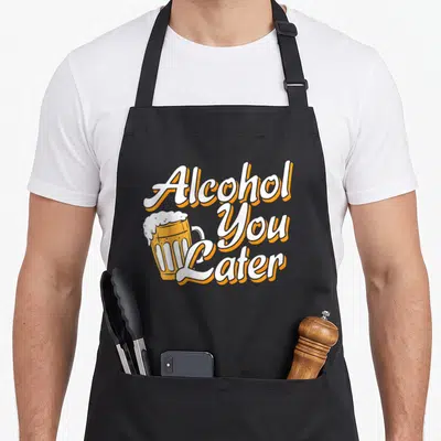 Tablier de cuisine noir avec illustration d'un verre de bière et du texte Alcohol You Later en blanc et orange.