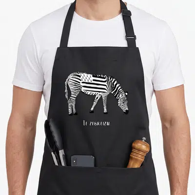Tablier de cuisine noir avec illustration d'un zèbre aux rayures et étoiles, légende Le Zebreizh en bas.