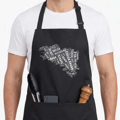 Tablier de cuisine noir avec une carte de Bretagne formée par un nuage de mots bretons en blanc comme Breizh ou Fest Noz.