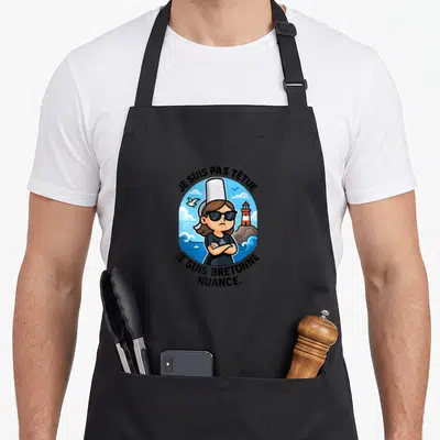 Tablier de cuisine noir avec illustration d'une femme bretonne têtue au phare et chapeau de chef