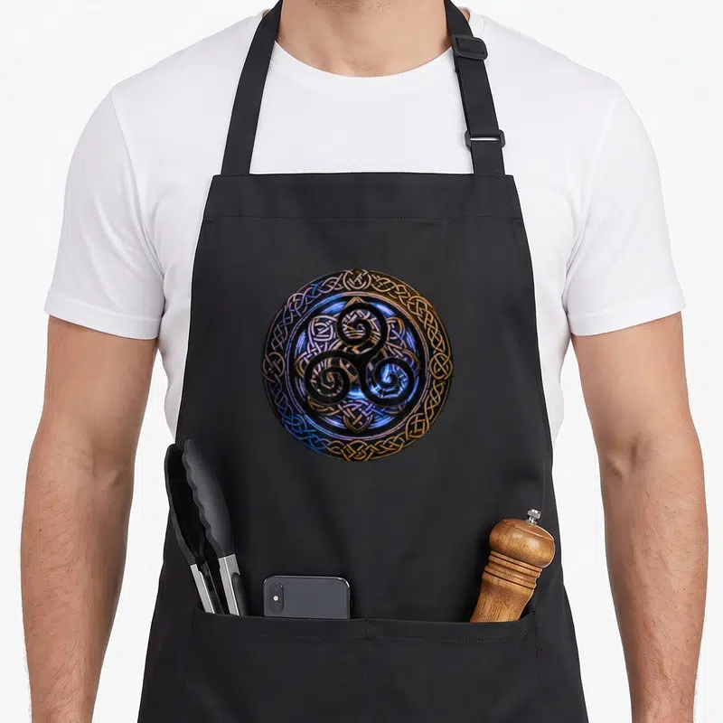 Tablier de cuisine noir avec un triskel lumineux et des nœuds celtiques dorés en cercle.