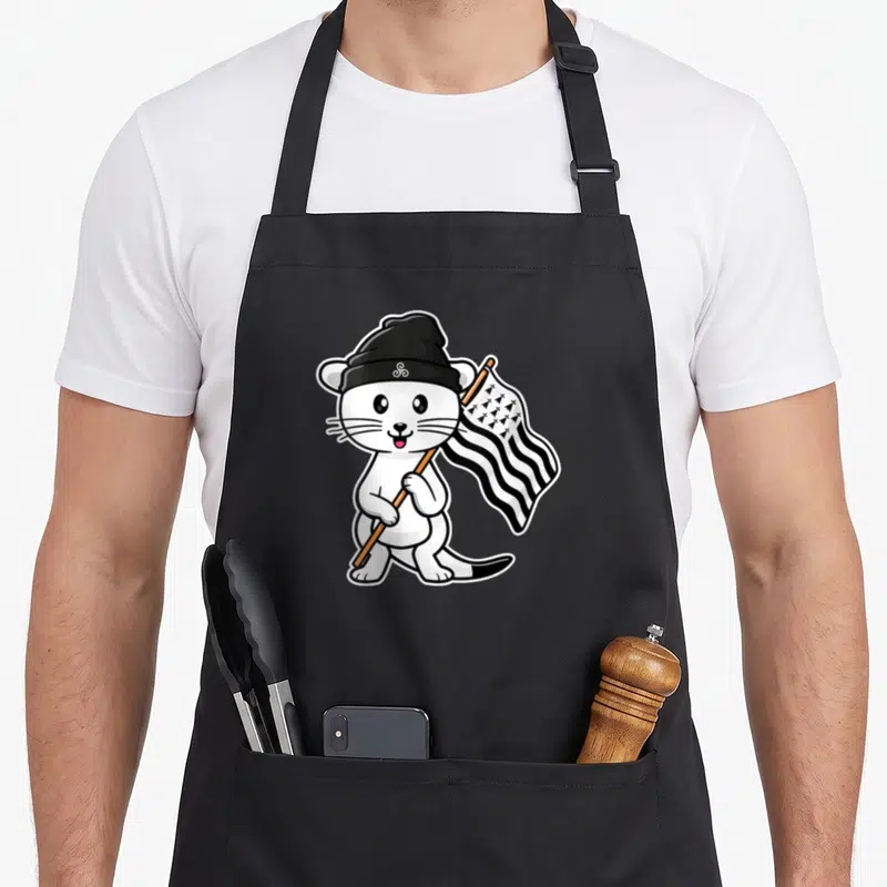 Tablier de cuisine noir avec une hermine blanche portant un bonnet tricolore et tenant un drapeau à ermines.