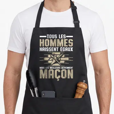 Tablier de cuisine noir avec inscription tous les hommes naissent égaux maçon et outils croisés sur fond de briques.