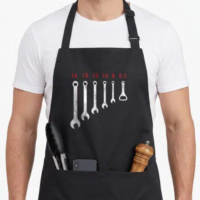 Tablier de cuisine noir avec illustration de clés anglaises blanches et chiffres rouges 14 13 12 10 8 0.5