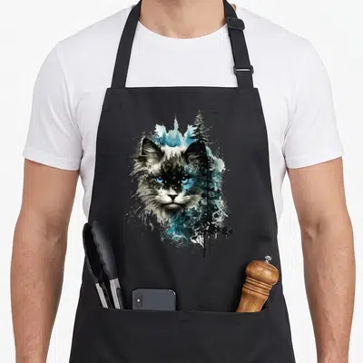 Tablier de cuisine noir avec illustration d'un chat aux yeux bleus fusionnant avec des arbres de forêt dans un style aquarelle.