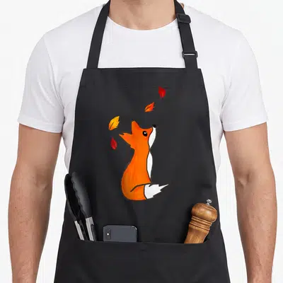 Tablier de cuisine noir avec un renard roux stylisé regardant des feuilles d'automne rouges et jaunes tomber autour de lui.