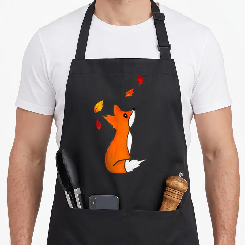 Tablier de cuisine noir avec un renard roux stylisé regardant des feuilles d'automne rouges et jaunes tomber autour de lui.
