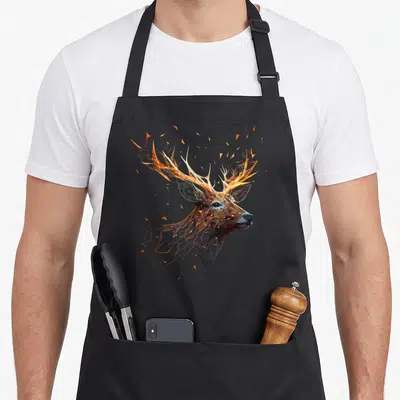 Tablier de cuisine noir avec tête de cerf aux bois orangés et fragments géométriques flottants.