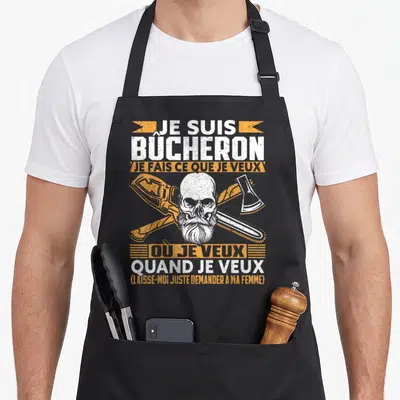 Tablier de cuisine noir avec un crâne barbu croisant une tronçonneuse et une hache, accompagné du texte Je suis bûcheron en typographie blanche et orange.