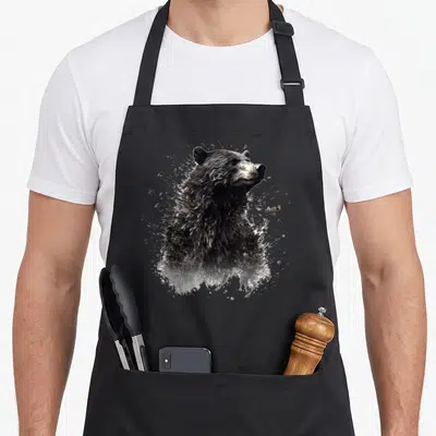 Tablier de cuisine noir avec illustration d'ours des forêts dont le corps se fragmente en particules sombres et terreuses.