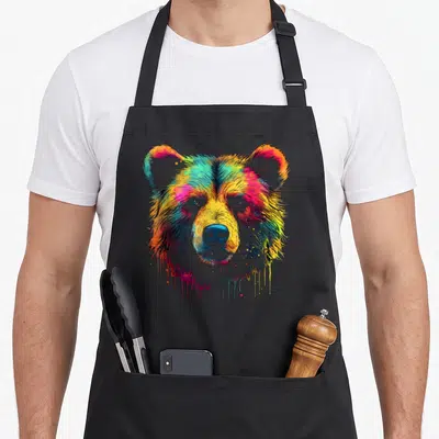 Tablier de cuisine noir avec tête d'ours aux couleurs vives style graffiti et paint drip.