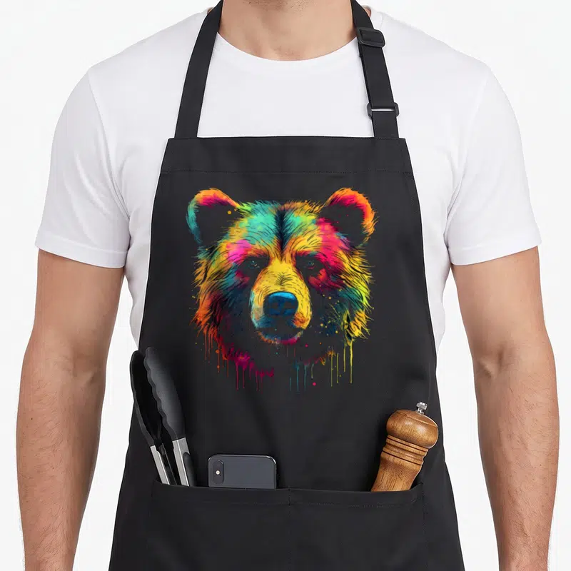 Tablier de cuisine noir avec tête d'ours aux couleurs vives style graffiti et paint drip.