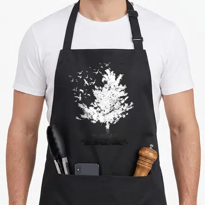 Tablier de cuisine noir avec illustration blanche d'un arbre aux oiseaux en vol au-dessus d'une silhouette sombre.