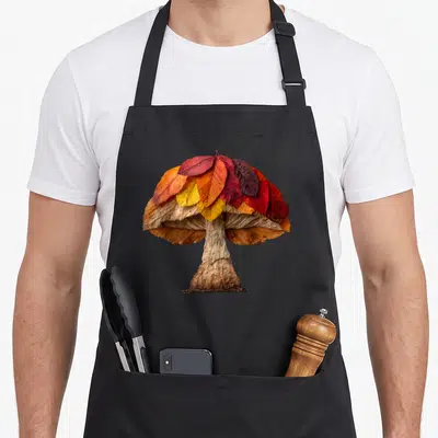 Tablier de cuisine noir avec un champignon formé par des feuilles d'automne colorées et une texture boisée détaillée.