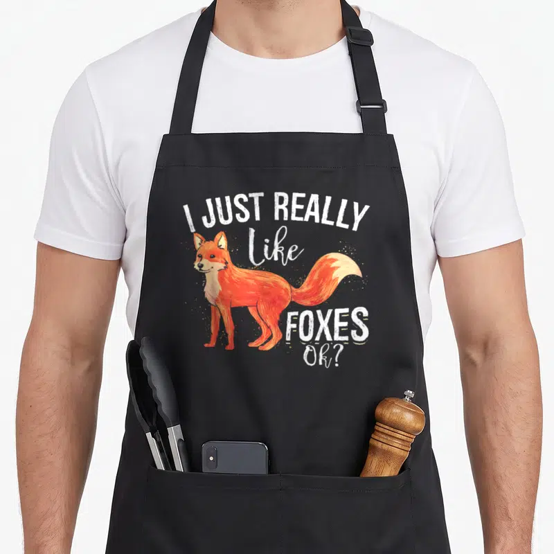 Tablier de cuisine noir avec illustration de renard roux et texte blanc I Just Really Like Foxes Ok