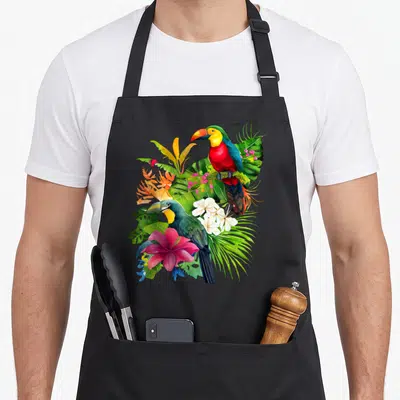 Tablier de cuisine noir avec illustration de deux oiseaux tropicaux perchés sur des feuilles vertes et des fleurs colorées.