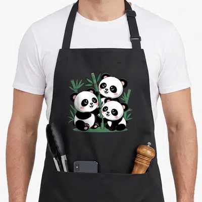 Tablier de cuisine noir avec trois pandas mignons entourés de tiges de bambou vertes.